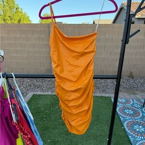 Forever 21 Dresses Orange Faux Leather Rouched Dress Onesided Shoulder